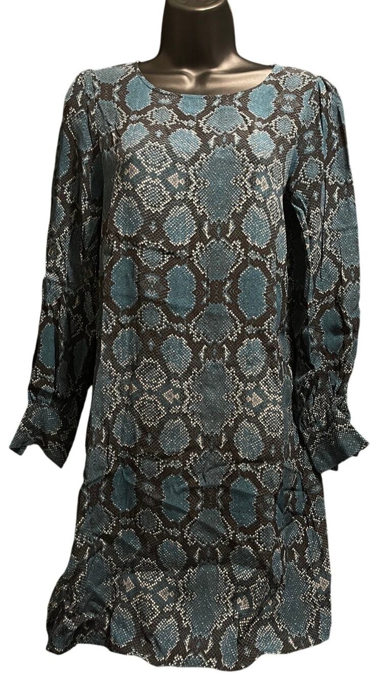 Ichi Blue & Teal Animal Print Long Sleeve Mini Dress - Size 34